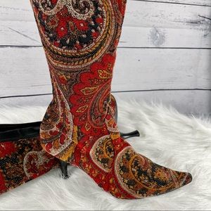 DIBA Women’s Dab Boots, Red Paisley, Gold shimmer Detail, below knee height